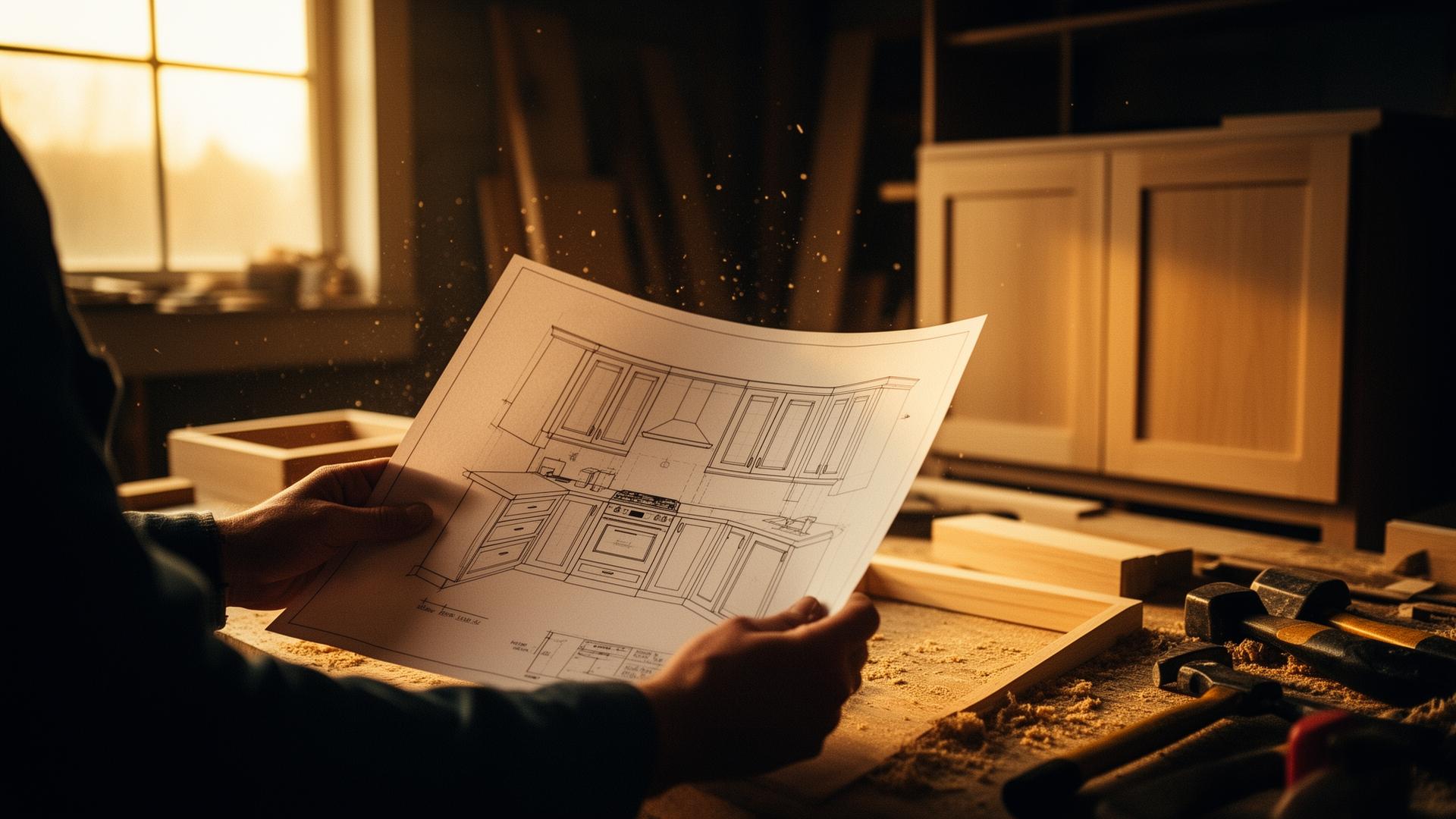 A craftsman holding a kitchen cabinet blueprint in a warm-lit workshop